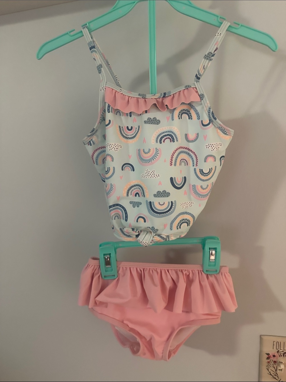 RuffleButts Girls Two-Piece Swimsuit with Rainbow Print and Pink Ruffle